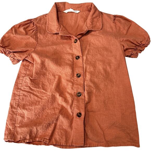 DownEast Button Up Shirt Women XS Coral Pink Linen Blend Short Sleeve Minimalist - Picture 1 of 7